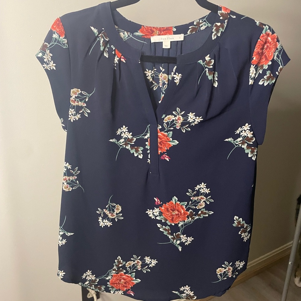 Fun 2 Fun Navy Blouse with Red Floral Pattern